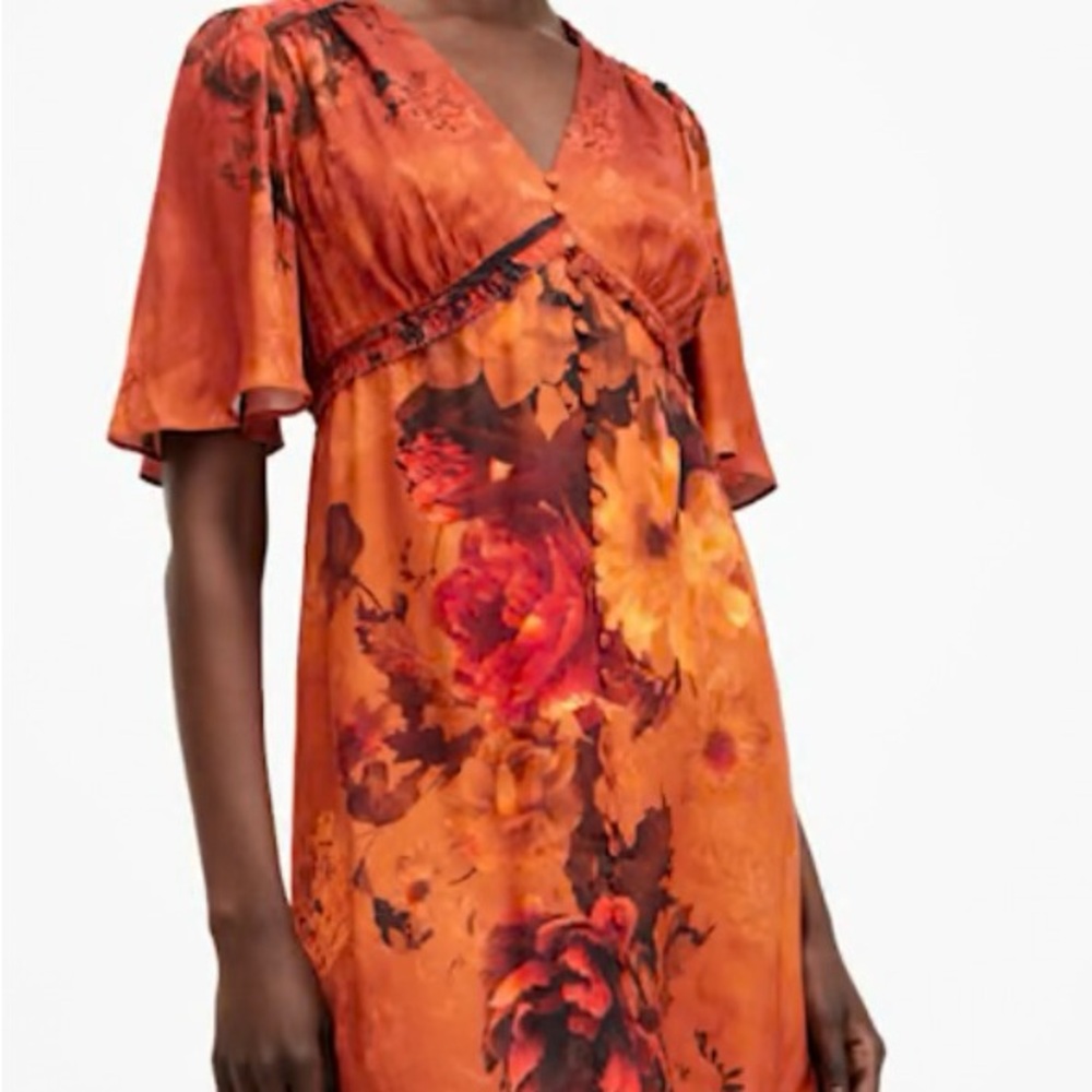 AllSaints Tian V-Neck Mini Dress – Size 4, Adela Burnt Orange (NWT)